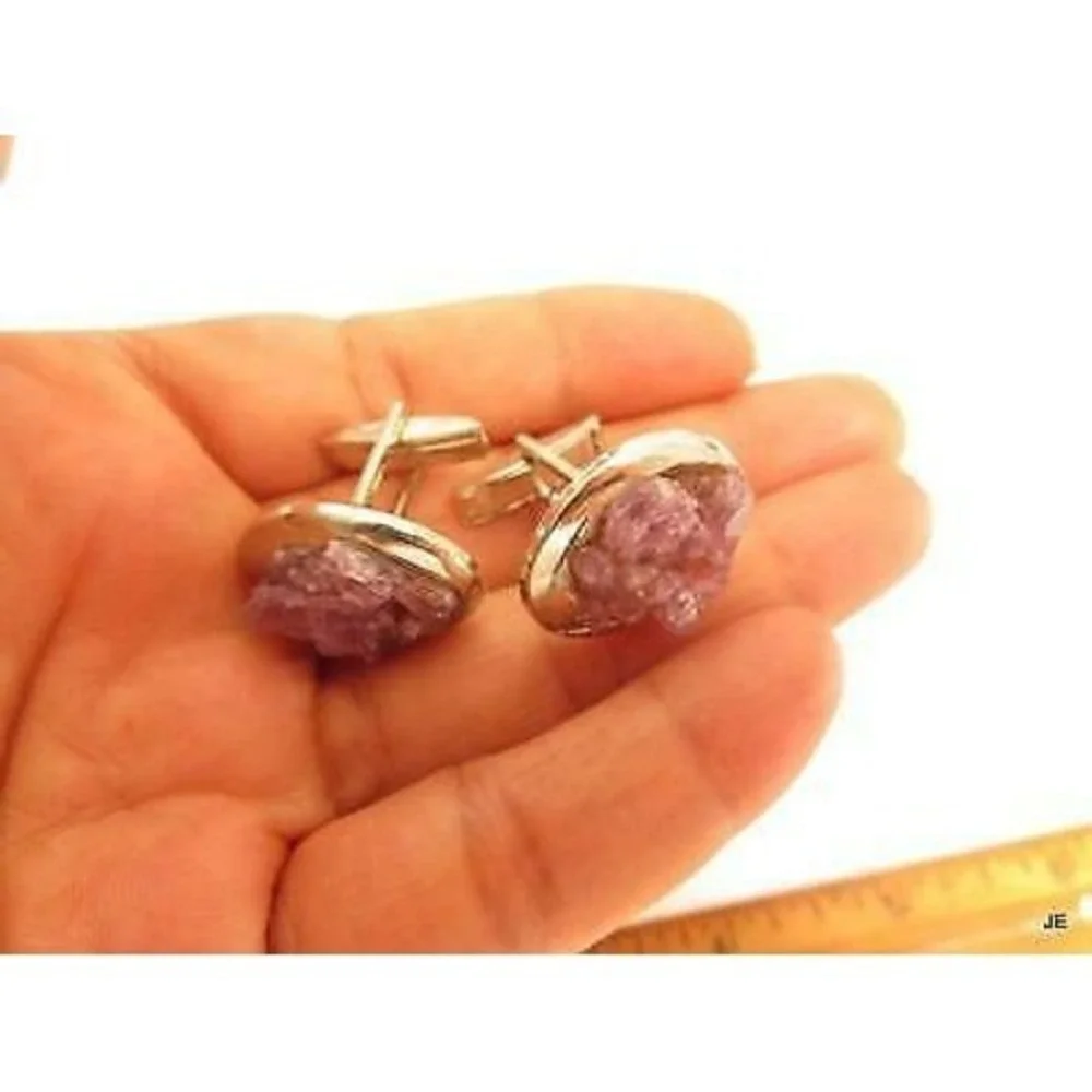 Vintage Men's Raw Amethyst Rock Crystal Gem Silver Plated Cufflinks‎